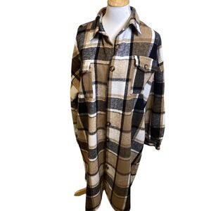 Womens Plaid Long Shacket Oversized Button Down Shirt Jacket Brown Black Cream